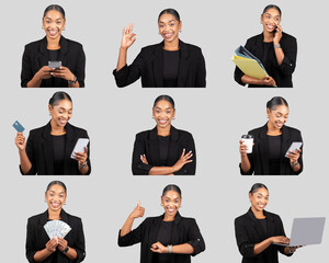 Aufkleber - A confident black woman is portrayed engaging in multiple professional tasks, including making a phone call, reviewing documents, and using a laptop. She exudes a sense of professionalism