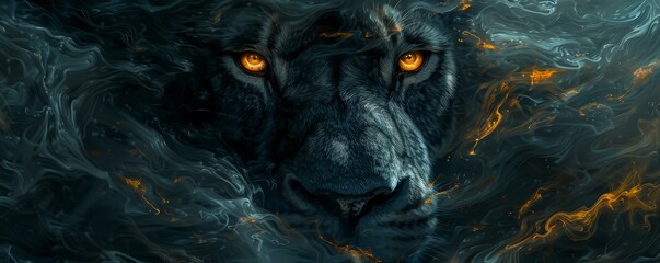 lion face emerging from smoke with glowing eyes. Fantasy style with dark and fiery elements. Power and strength concept