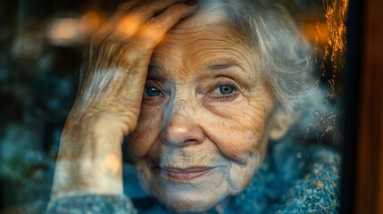 An elderly woman with expressive eyes rests her hand on her forehead while looking out of a window at dusk, lost in her thoughts and memories