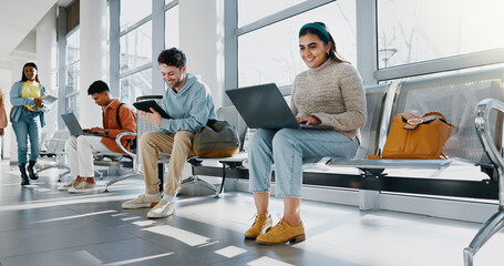 Poster - Students, laptop and tablet in university for education, studying and academic preparation before class. Campus, people and technology with results for online quiz, english test or college assessment