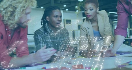 Poster - Animation of binary coding over diverse business people talking in office
