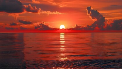 Vibrant Sunrise Over an Orange Ocean Horizon Under a Vast Red Sky