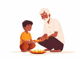 Wall Mural - Flat Vector Illustration of Elderly Man Teaching Grandson to Light Diwali Diyas, Celebrating Cultural Heritage and Generational Bonding