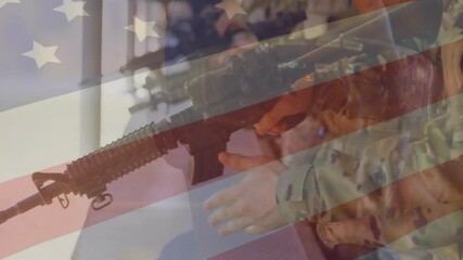 Poster - Animation of flag of usa over caucasian male soldiers using rifle