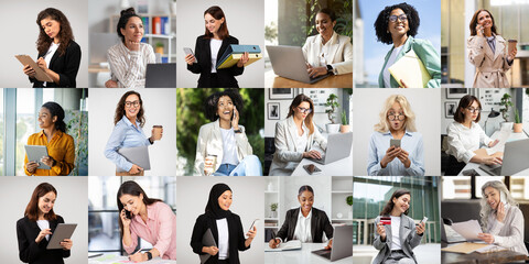 Wall Mural - A diverse group of women is seen working in modern office settings, engaging in various professional activities. Some are focused on laptops, while others are busy on mobile devices