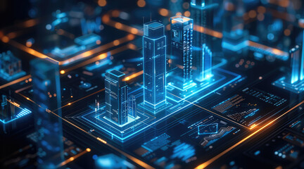 Poster - The main screen of the smart digital twin platform features blue and silver color schemes, data visualization charts such as graphs, bar charts, and graphic lines representing the urban development.