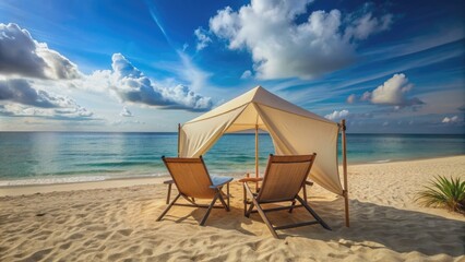 Beach tent with two lounge chairs by the shore, beach, vacation, relaxation, ocean, tent, chairs, sand, tranquil, summer