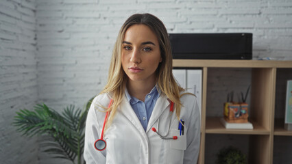 Attractive young blonde female doctor standing in a modern clinic room wearing a white coat with a stethoscope around her neck.