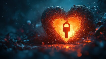 Wall Mural -  Burning heart-shaped keyhole symbolizes passion, vulnerability, and unlocking hidden emotions. Represents depth of emotional connection and mysteries of love.