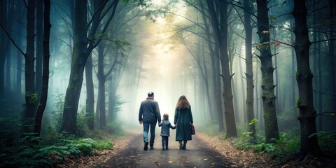 misty rear view family walking in forest together mysterious foggy atmospheric quiet introspective calm serene peaceful enchanting dramatic eerie surreal magical