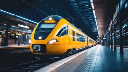 Vibrant Yellow Train at a Polished Station Platform Under Bright, Shining Lights