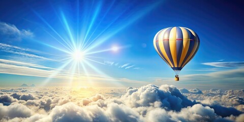 Whimsical digital art depicting email icon as a hot air balloon soaring above fluffy white clouds and sunbeams on bright blue sky