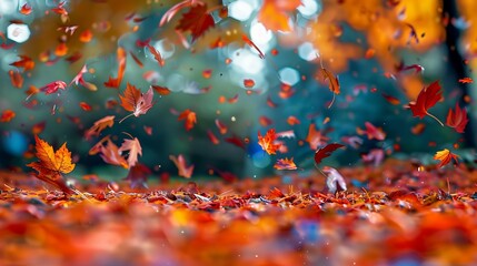 Poster - A beautiful autumn scene with leaves falling from trees