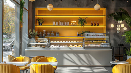 Fototapete - Interior design of a cozy modern small cafe in gray and yellow tones. Generative AI.
