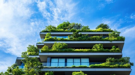 Modern building with a green rooftop garden, symbolizing eco-friendly urban development. Copy space for text.