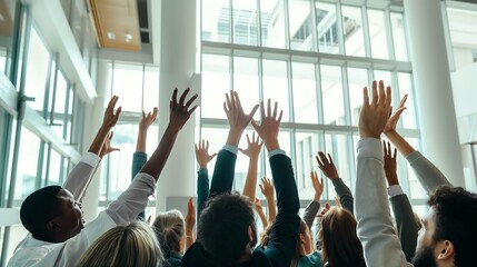 Excited business team raising hands at seminar in modern office building