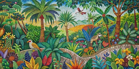 Naklejka na meble Colorful mosaic of jungle scenery with vibrant hues and intricate detailing, vivid, color, jungle, mosaic, vibrant, hues