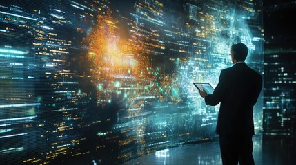 A businessman stands in front of a large screen displaying a world map, data, and code, holding a tablet. He is analyzing global information and digital data.