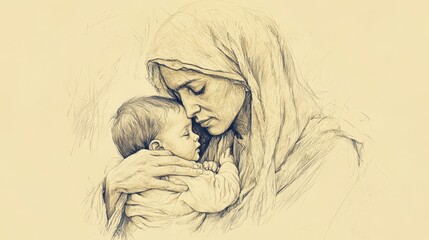 Biblical Illustration of The Widow’s Oil and Elisha’s Miracles: The Shunammite Woman Holding Her Newborn Son in Gratitude for Fulfilled Prophecy, Beige Background