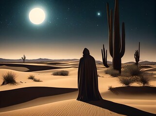 Mysterious Person in Black Cloak Standing in The Vast Desert with Cacti and Bright Full Moon with Stars in The Midnight Sky