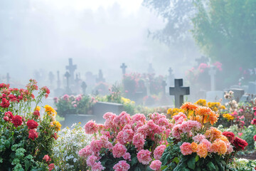 Poster - Panoramic View of Decorated Cemetery on All Saints' Day Morning  