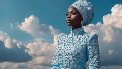 A woman wearing a blue dress and a blue head scarf stands in front of a blue sky