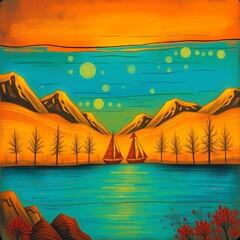 Two sailboats on a lake with mountains in the background.