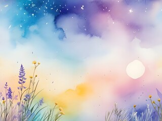 Wall Mural - Landscape with fields of flowers, mountains and colorful sky