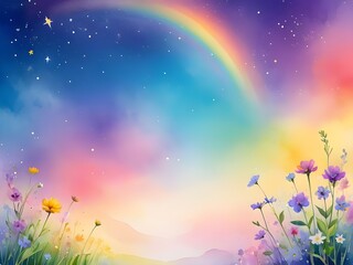 Wall Mural - landscape with flowers , mountains and a rainbow