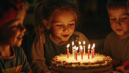 Group of adorable children are gathered around a birthday cake, their faces lit by the warm glow of the candles as they prepare to make a wish