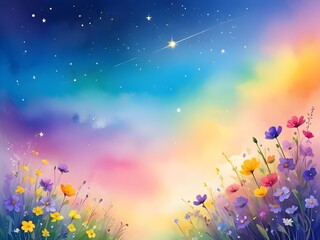 Wall Mural - landscape with fields of flowers, mountains and colorful sky