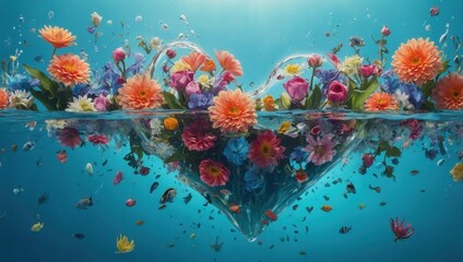 A heart made of flowers is floating in the water