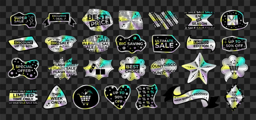 Poster - Large set of holographic stickers with inscriptions. Label with metallic effect. Vector design elements for advertising materials, social networks