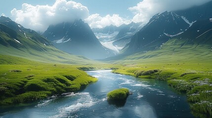 Poster - A serene mountain landscape with a river flowing through a green valley. Generative AI.