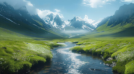 Poster - A serene mountain landscape with a river flowing through a green valley. Generative AI.