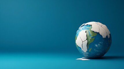 A cracked globe on a vibrant blue background, symbolizing environmental issues and the fragility of our planet.