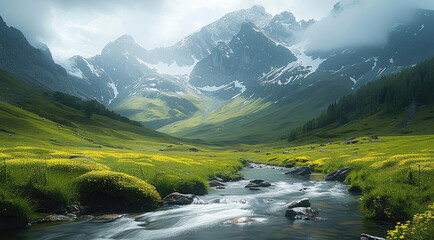 Poster - A serene mountain landscape with a river flowing through a green valley. Generative AI.