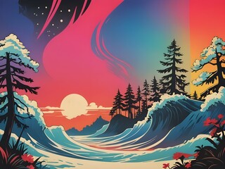 Wall Mural - an illustration of a view of sunset