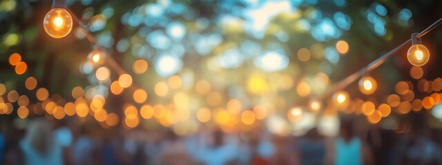 Wall Mural - Abstract blur people in festival city park bokeh background. Summer festival holiday or celebration party concept