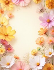 Wall Mural - コスモスの花、フレーム、秋, 葉, 花, 自然, イラスト, デザイン, ベクター, 季節, フローラル, 木, オレンジ,9月、10月、秋分、 落ちる, サマータイム, 葉, フレーム, 黄色, 植える, 文科系, デコレーション, 模様, 木の葉, とぶ, カエデ, 色, カード、花畑、Cosmos、縦サイズ、縦型