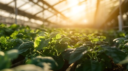 A photograph showcasing the of modern agricultural technology within a sustainable greenhouse cultivation setting.