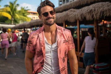 Wall Mural - A man in a pink shirt and white shirt is smiling and posing for a picture