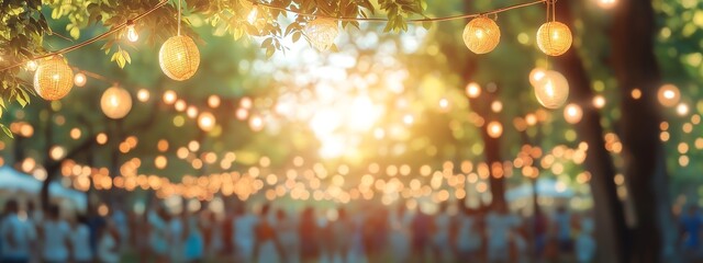 Wall Mural - Abstract blur people in festival city park bokeh background. Summer festival holiday or celebration party concept