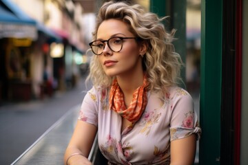 Poster - A woman with glasses and a floral scarf sits on a bench in a city street