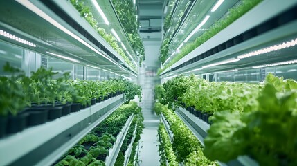Poster - photograph of a modern vertical indoor hydroponic farming system with lush green leafy produce growi