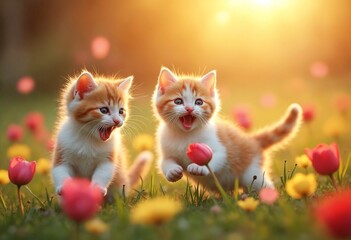 Playful kittens frolicking in a vibrant garden of blooming flowers during golden hour, creating a tender and cheerful atmosphere