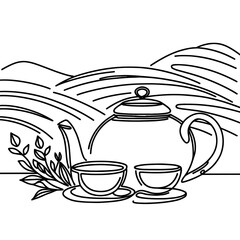 Teapot with two cups of tea on background of tea plantation in a line drawing style