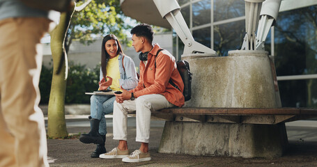 Poster - Bench, college or students on break talking or speaking of scholarship, education or future plan on campus. Outdoor, school or happy friends in university bonding in fun social conversation to relax