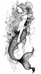 A beautiful mermaid with flowing hair and a fishtail, surrounded by floral designs.