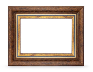 Wall Mural - Empty classic brown picture frame with golden details is standing on white background, isolated on a white background